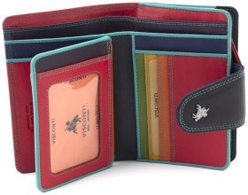 Вертикальный женский кошелек из высококачественной натуральной кожи черного цвета с бирюзовой строчкой Visconti Poppy 69063