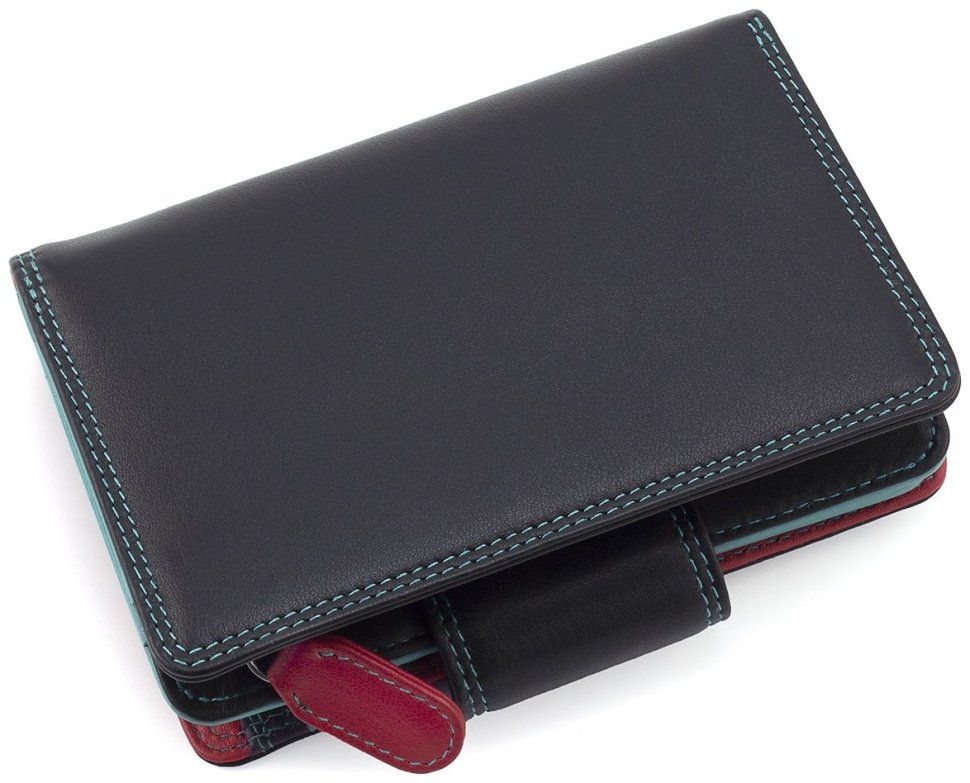 Вертикальний жіночий гаманець із високоякісної натуральної шкіри чорного кольору з бірюзовою строчкою Visconti Poppy 69063