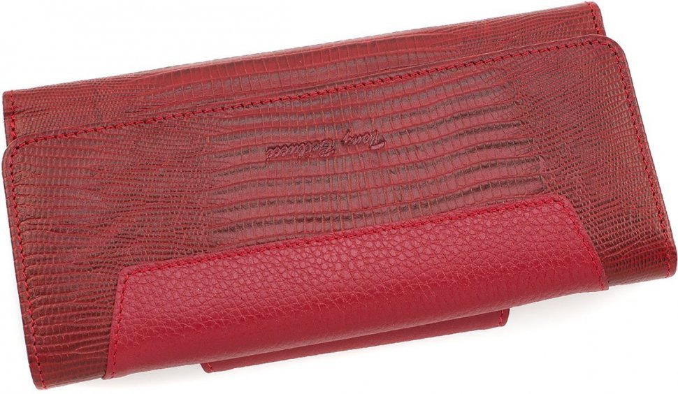Довгий жіночий гаманець з натуральної червоної шкіри з фіксацією на клапан Tony Bellucci (10866)
