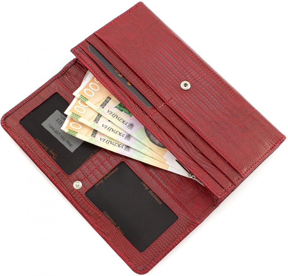 Довгий жіночий гаманець з натуральної червоної шкіри з фіксацією на клапан Tony Bellucci (10866)