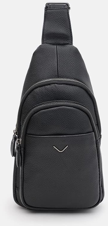 Чоловічий шкіряний рюкзак-слінг середнього розміру в чорному кольорі через плече Keizer (59163)