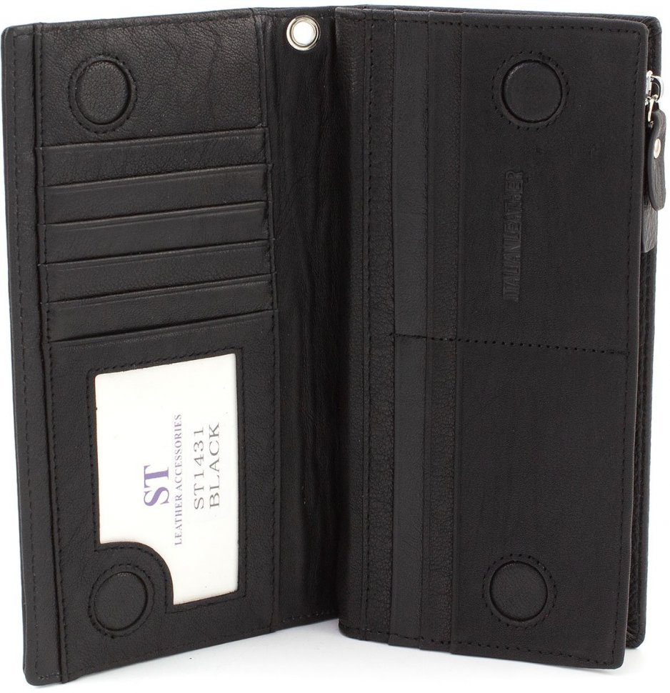 Місткий шкіряний гаманець чорного кольору під багато карток ST Leather (15383)