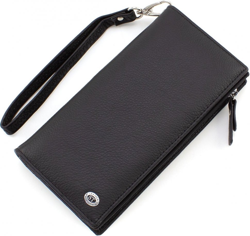 Місткий шкіряний гаманець чорного кольору під багато карток ST Leather (15383)