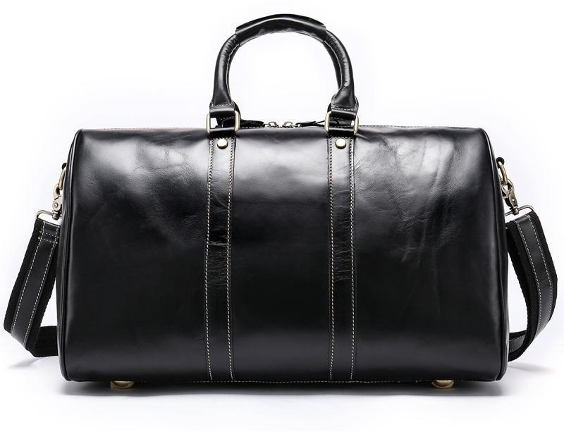 Кожаная дорожная сумка черного цвета из гладкой кожи со светлой строчкой Joynee (19690)