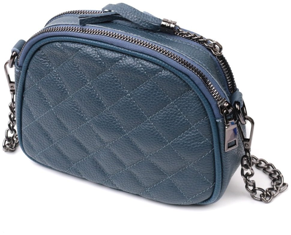Жіноча стьобана сумка з натуральної шкіри синього кольору з довгим ремінцем Vintage 2422327