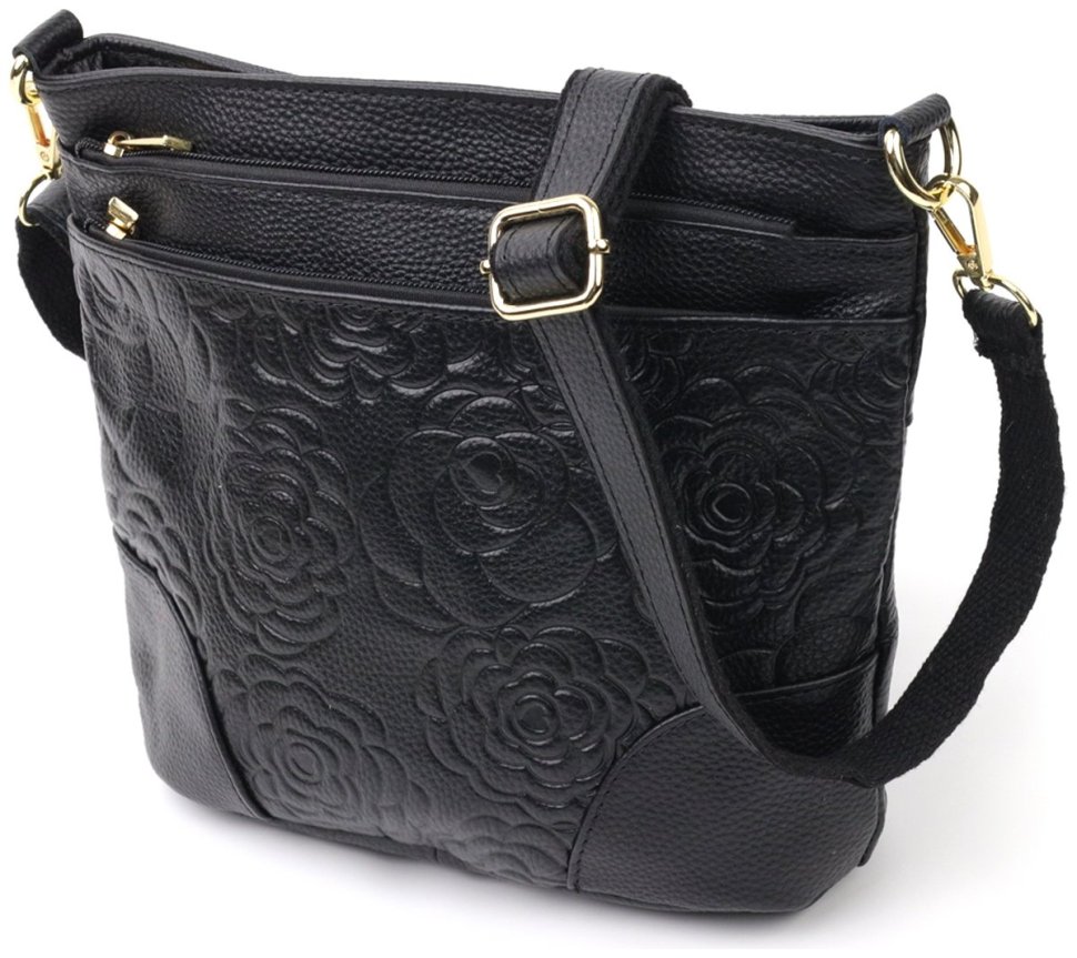 Стильная наплечная женская сумка из натуральной кожи черного цвета с красивым цветочным тиснением Vintage Style 91064 modnotak фото №1