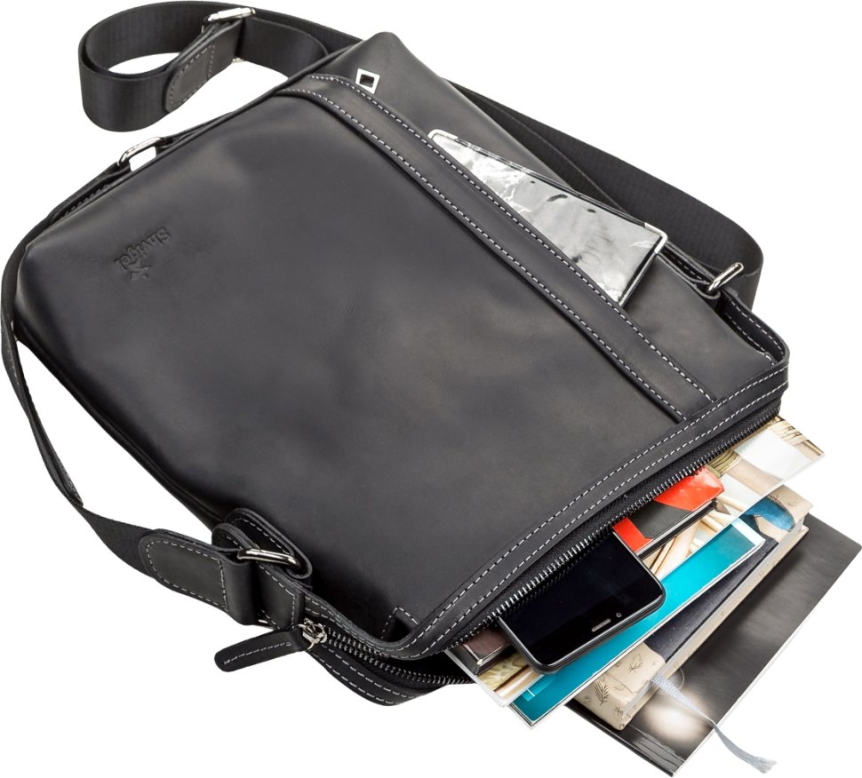 Мужская сумка-планшет с плечевым ремнем из гладкой кожи на молнии SHVIGEL (11098)