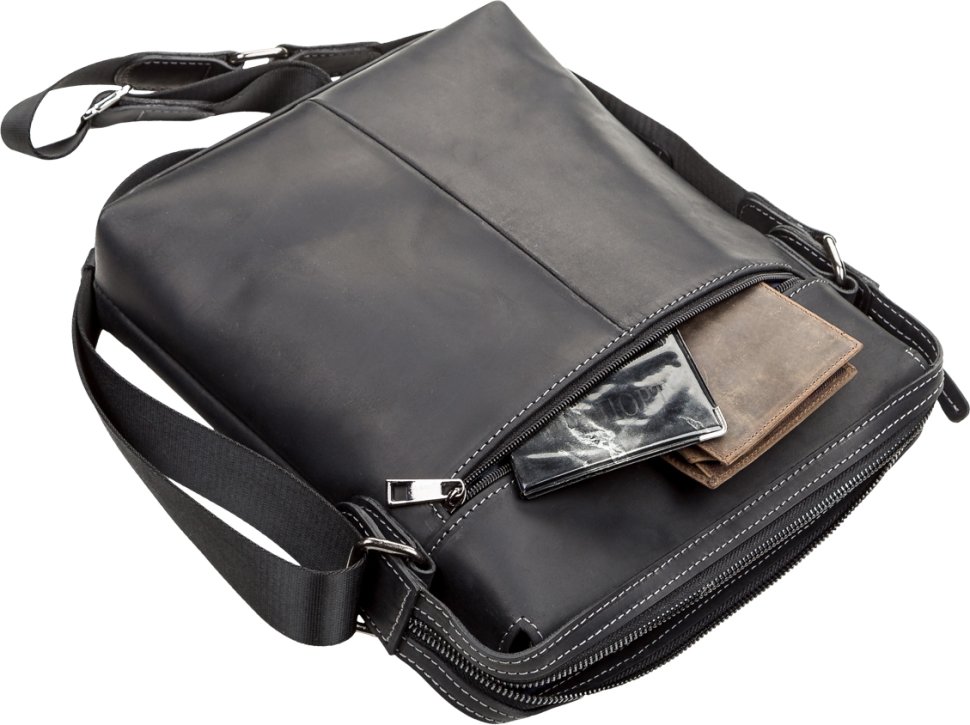 Чоловіча сумка-планшет із плечовим ременем з гладкої шкіри на блискавці SHVIGEL (11098)