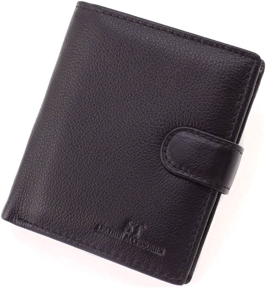Чоловіче портмоне з натуральної шкіри чорного кольору з хлястиком на кнопці ST Leather 1767364