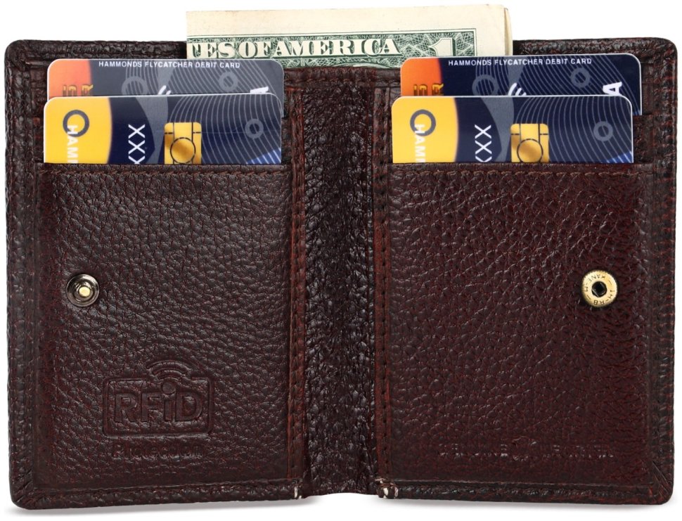 Компактный кошелек-картхолдер из фактурной кожи на кнопке Hammonds Flycatcher CC609 коричневый 107964 modnotak фото №2