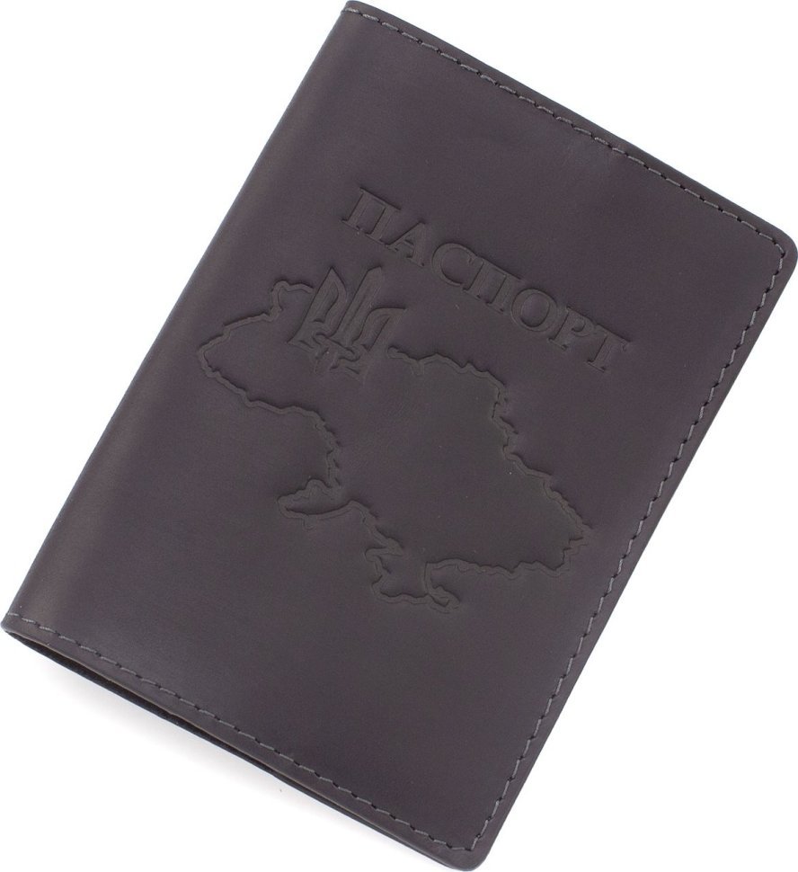 Чорна обкладинка для паспорта зі шкіри крейзі хорс з картою України - Grande Pelle (21955)