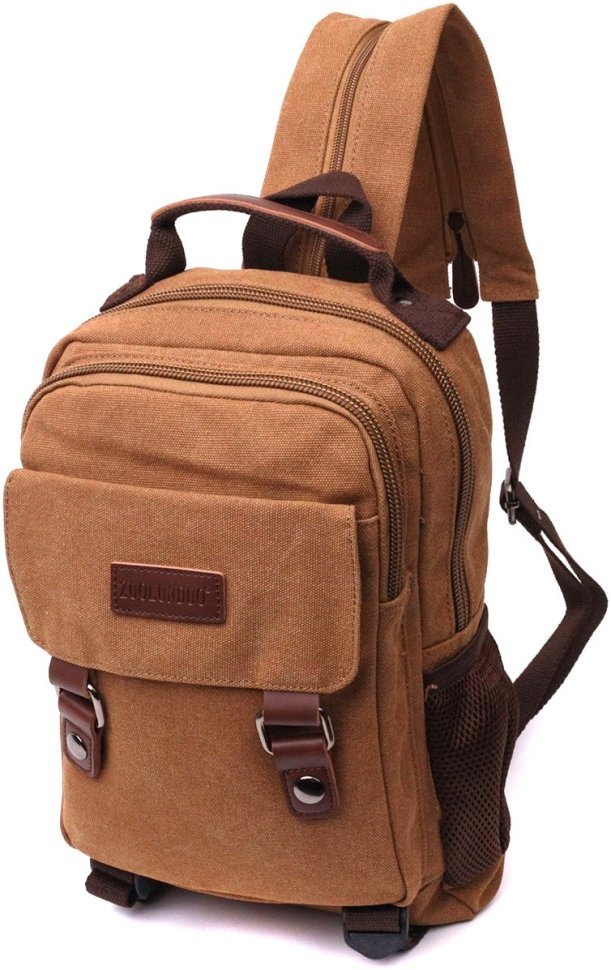Текстильный мужской рюкзак-слинг коричневого цвета с уплотненной спинкой Vintage 2422167