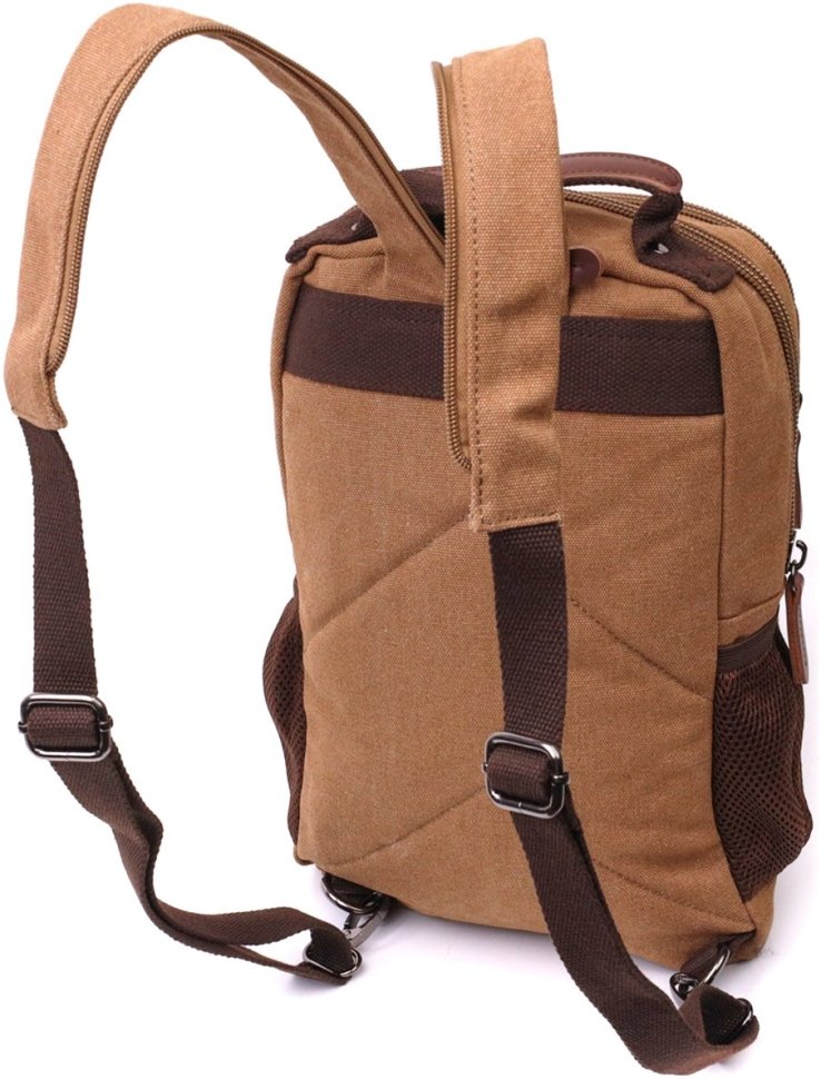 Текстильний чоловічий рюкзак-слінг коричневого кольору з ущільненою спинкою Vintage 2422167