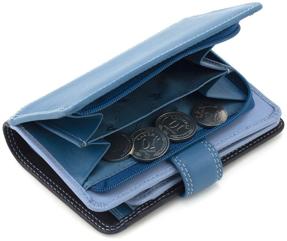 Средний кожаный женский кошелек темно-синего цвета с хлястиком на кнопке Visconti Fiji 68764