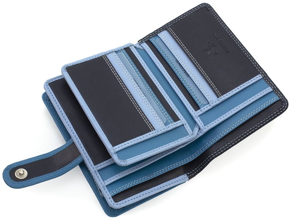 Середній шкіряний гаманець темно-синього кольору з хлястиком на кнопці Visconti Fiji 68764