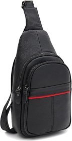 Мужской кожаный рюкзак-слинг черного цвета с красной полоской Keizer (59164)