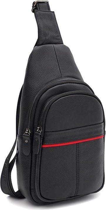 Чоловічий шкіряний рюкзак-слінг чорного кольору з червоною смужкою Keizer (59164)