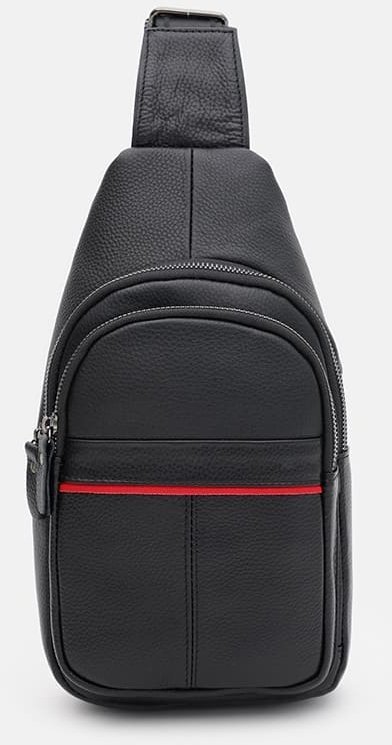 Чоловічий шкіряний рюкзак-слінг чорного кольору з червоною смужкою Keizer (59164)