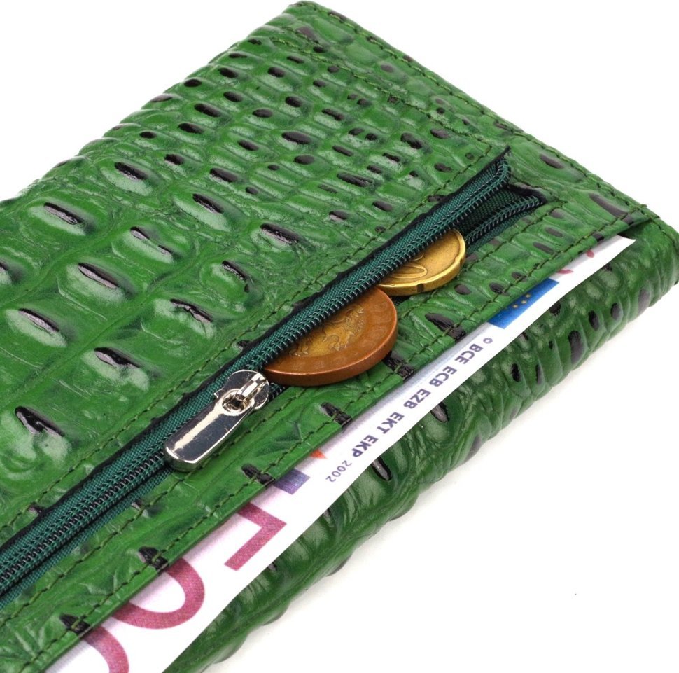 Длинный зеленый женский кошелек из натуральной кожи с тиснением под крокодила CANPELLINI (2421701)