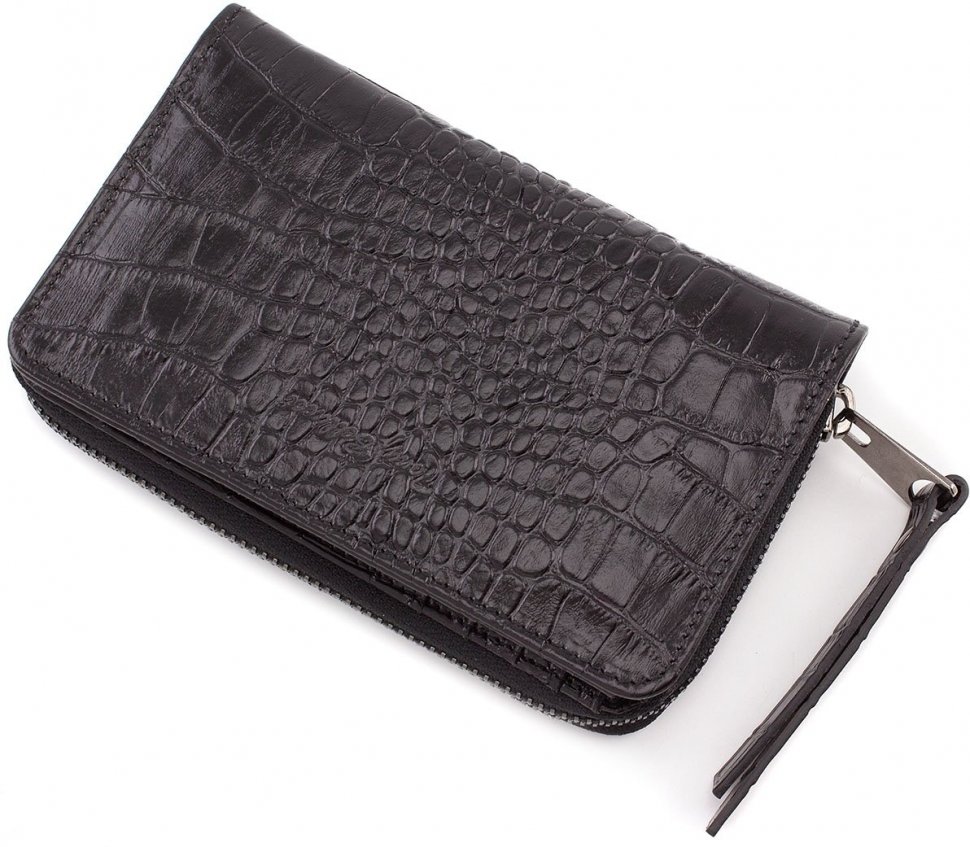 Чорний гаманець з натуральної шкіри з тисненням під крокодила Tony Bellucci (10579)
