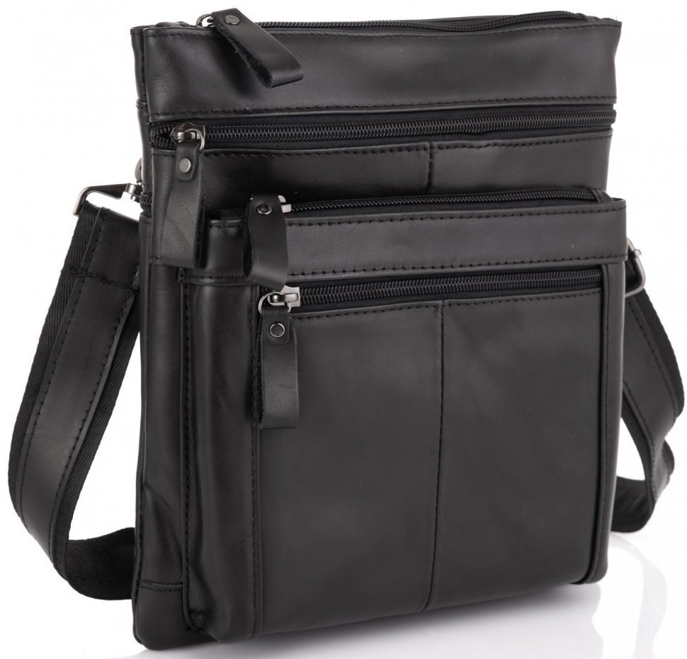 Многофункциональная мужская сумка-планшет из гладкой кожи черного цвета Tiding Bag (15864)