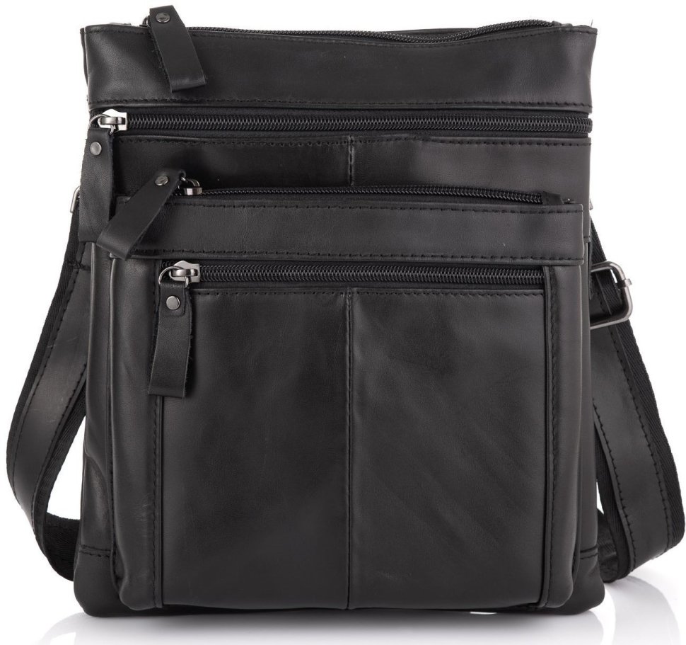 Багатофункціональна чоловіча сумка-планшет з гладкої шкіри чорного кольору Tiding Bag (15864)