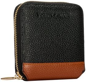 Компактний жіночий гаманець зі шкіри флотар чорно-коричневого кольору на блискавці Smith & Canova Althorp 93865