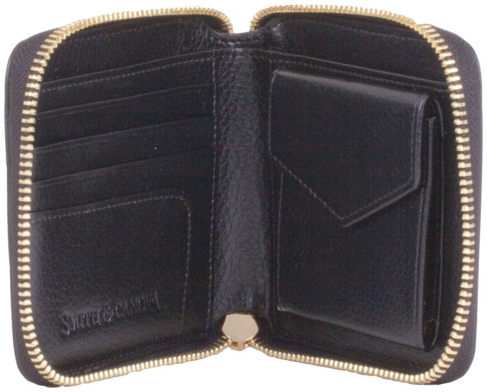 Компактний жіночий гаманець зі шкіри флотар чорно-коричневого кольору на блискавці Smith & Canova Althorp 93865 modnotak фото №6
