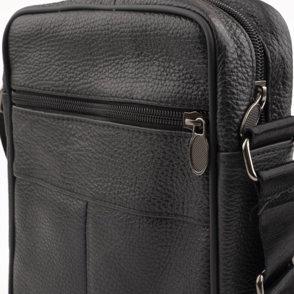 Черная мужская сумка на одно отделение из зернистой кожи Vintage (20203)
