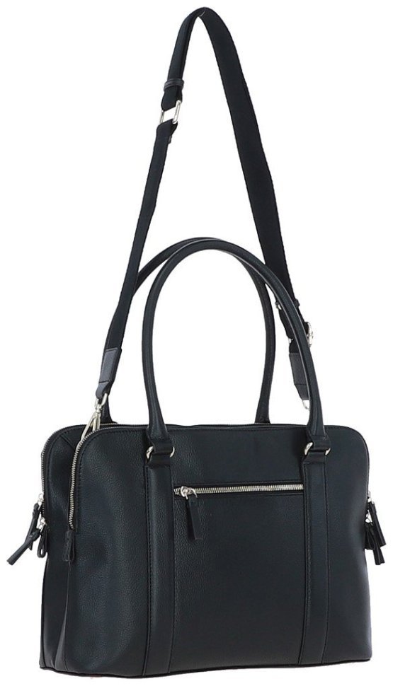 Деловая женская кожаная сумка с длинными ручками и плечевым ремнем Ashwood 94465 черная modnotak фото №6