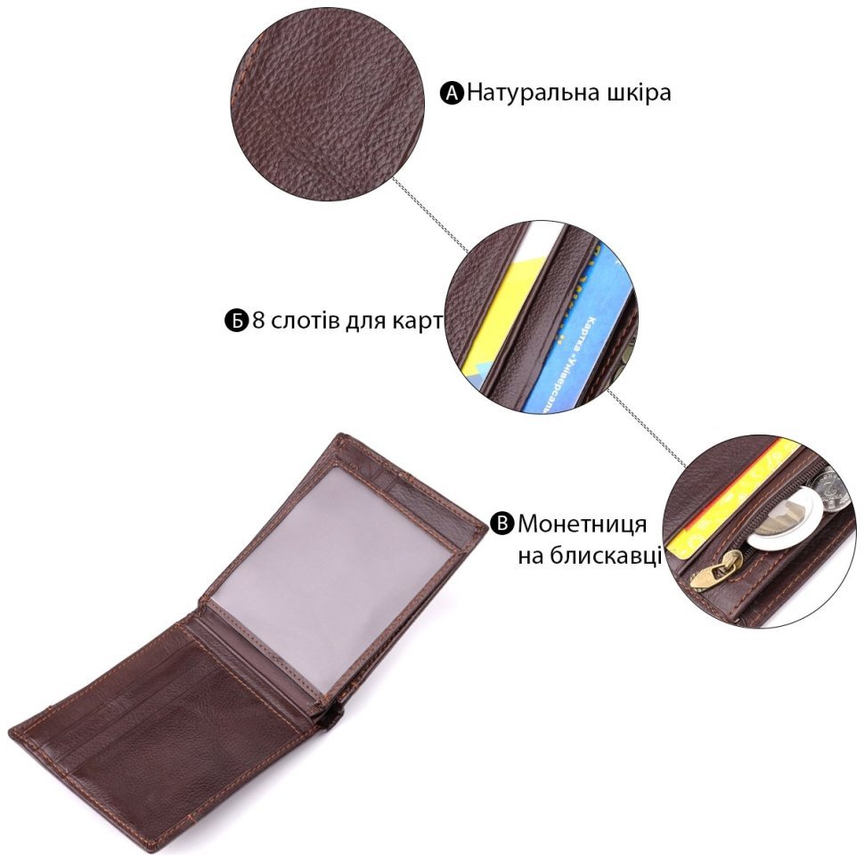 Мужской кожаный кошелек без застежки с монетницей Vintage 94865 коричневого цвета modnotak фото №4