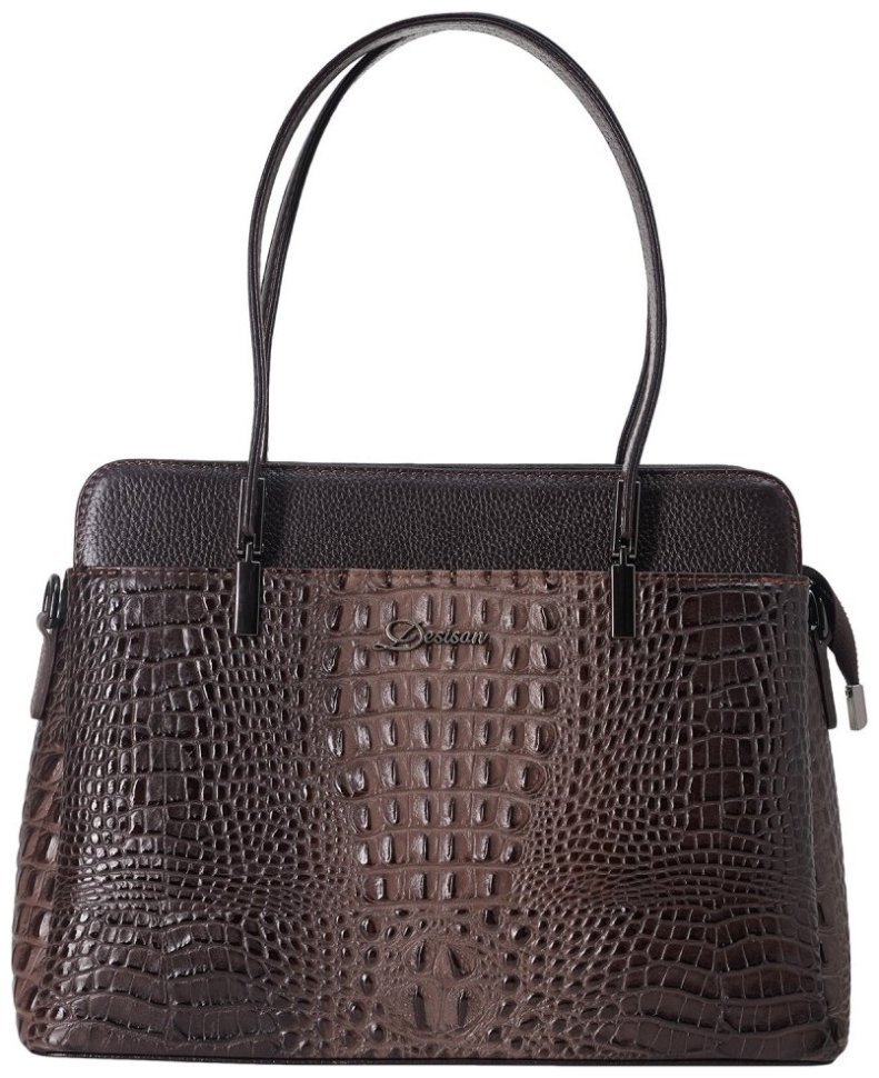 Каркасная кожаная женская сумка с фактурной под крокодила Desisan 107365 коричневая фото №1 Каркасная кожаная женская сумка с фактурной под крокодила Desisan 107365 коричневая modnotak фото №1
