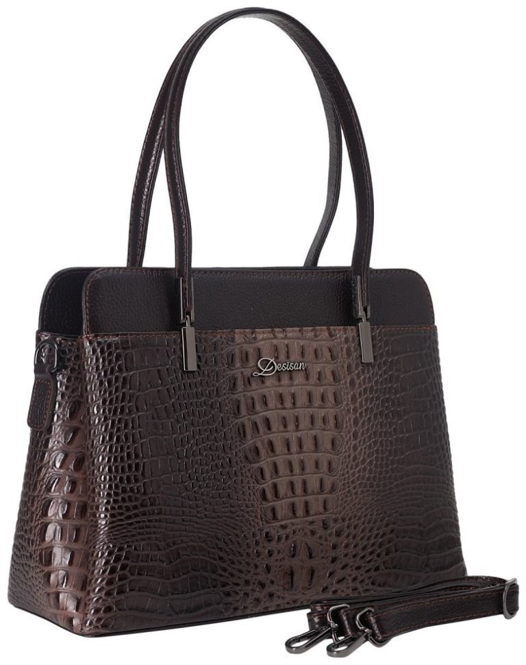 Каркасная кожаная женская сумка с фактурной под крокодила Desisan 107365 коричневая фото №2 Каркасная кожаная женская сумка с фактурной под крокодила Desisan 107365 коричневая modnotak фото №2
