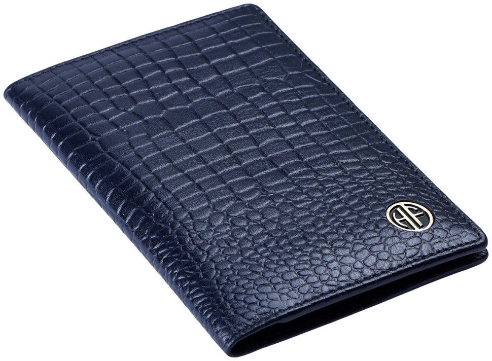 Обложка для паспорта из натуральной кожи с фактурой под крокодила с отделением для карт Hammonds Flycatcher PH602 синего цвета 107965 modnotak фото №4