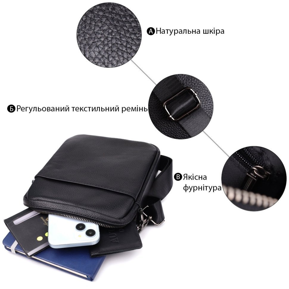 Повседневная мужская сумка из фактурной кожи через плечо на каждый день Vintage 98165 черного цвета фото №4 Повседневная мужская сумка из фактурной кожи через плечо на каждый день Vintage 98165 черного цвета modnotak фото №4