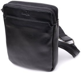 Кожаная мужская сумка планшет через плечо с 2-мя отделениями на молнии Shvigel черная 108365