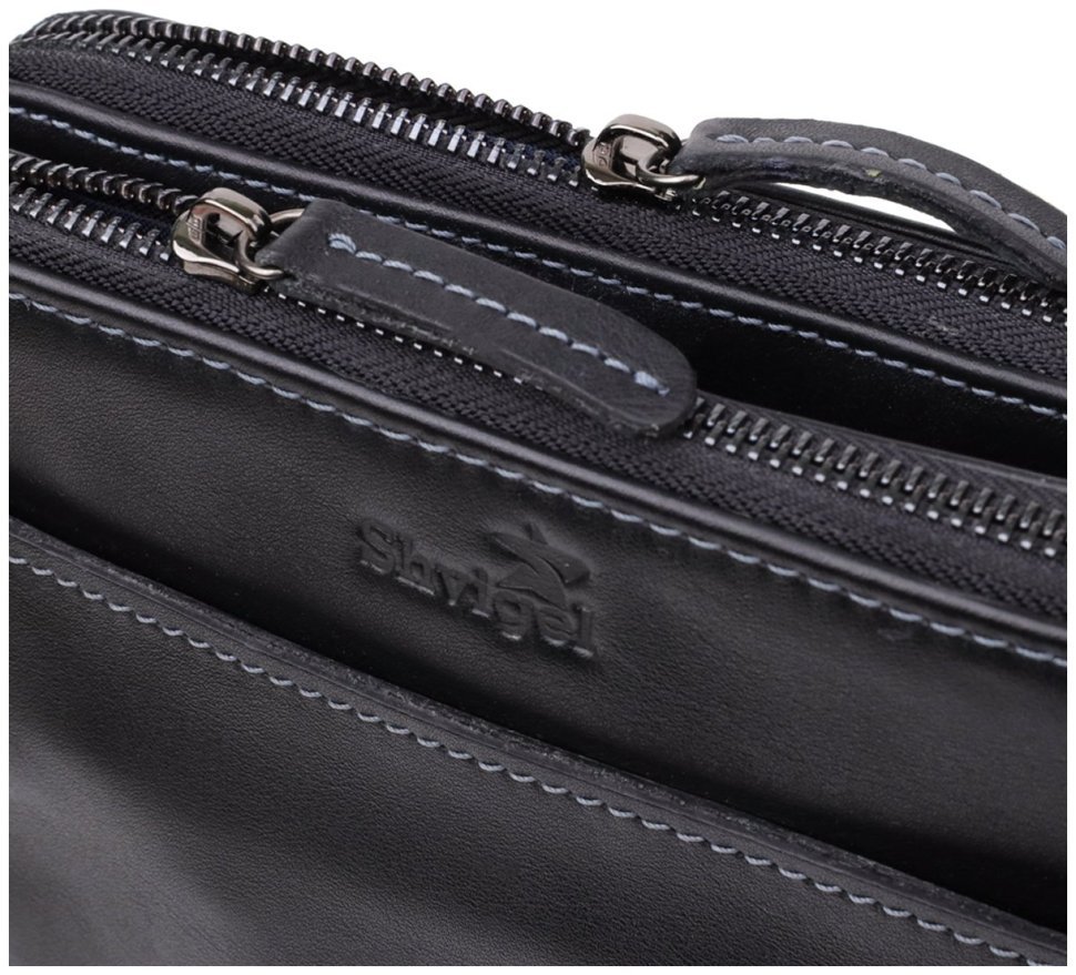 Кожаная мужская сумка планшет через плечо с 2-мя отделениями на молнии Shvigel черная 108365 modnotak фото №5