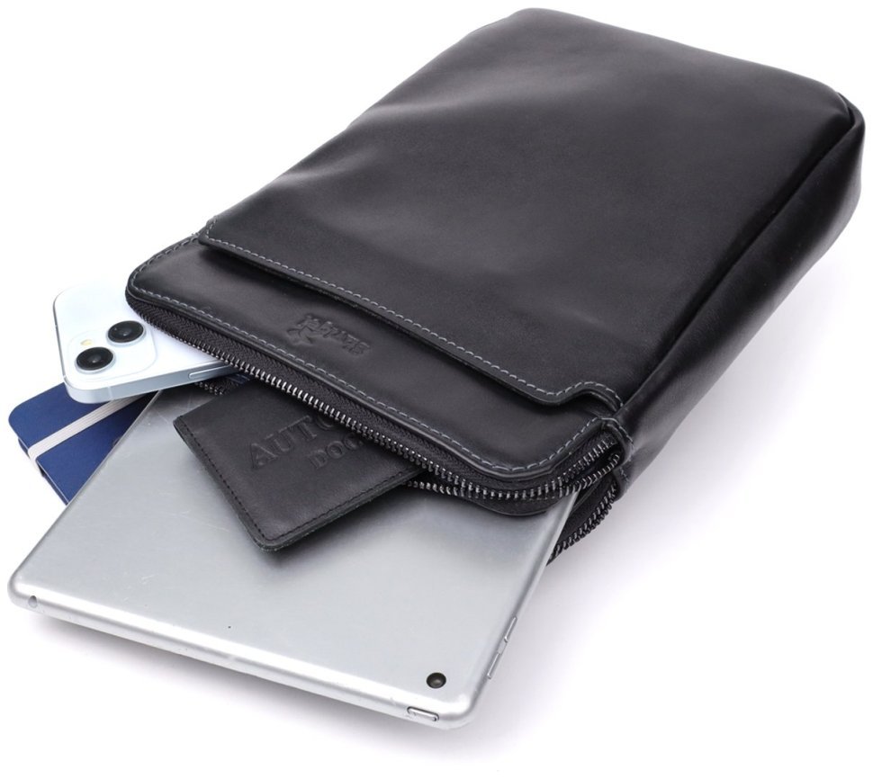 Кожаная мужская сумка планшет через плечо с 2-мя отделениями на молнии Shvigel черная 108365 modnotak фото №8
