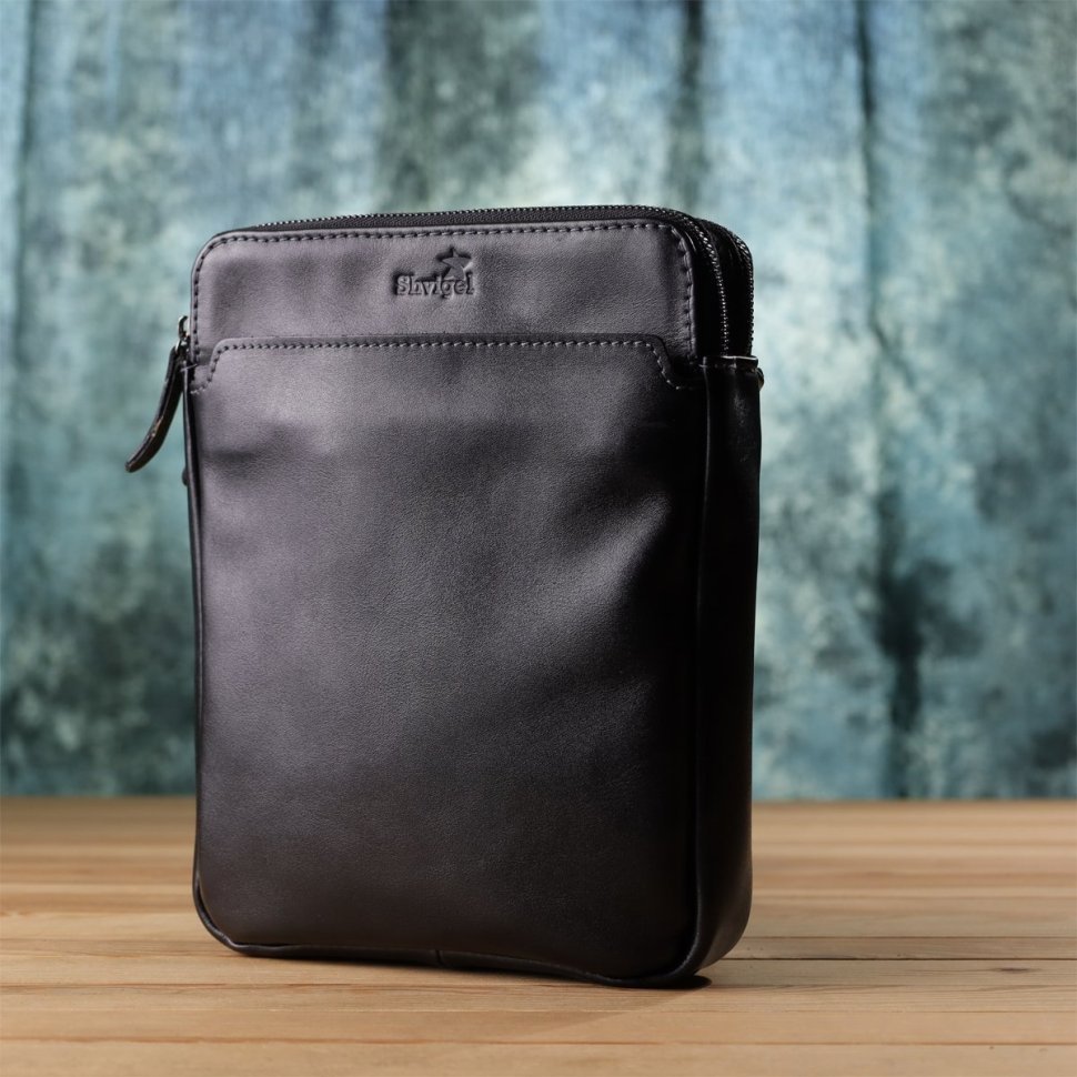 Кожаная мужская сумка планшет через плечо с 2-мя отделениями на молнии Shvigel черная 108365 modnotak фото №9