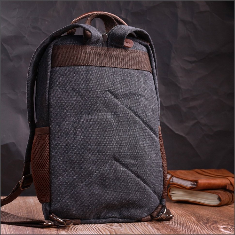 Черный текстильный рюкзак-слинг большого размера на две молнии Vintage 2422168