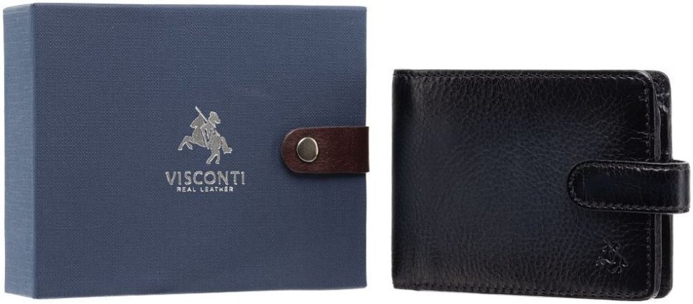 Горизонтальний чоловічий гаманець із натуральної шкіри чорного кольору з фіксацією на кнопку Visconti Henry 69265