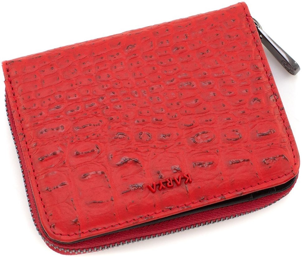 Шкіряний жіночий гаманець червоно-чорного кольору з фактурою під крокодила KARYA (15492)