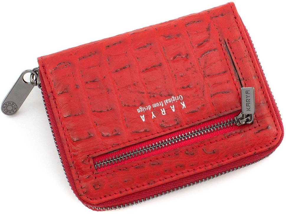 Шкіряний жіночий гаманець червоно-чорного кольору з фактурою під крокодила KARYA (15492)