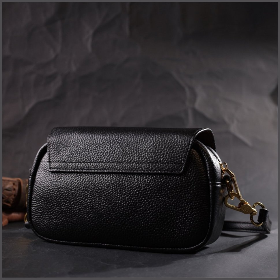 Маленька жіноча сумка з натуральної шкіри чорного кольору на плече Vintage 2422429