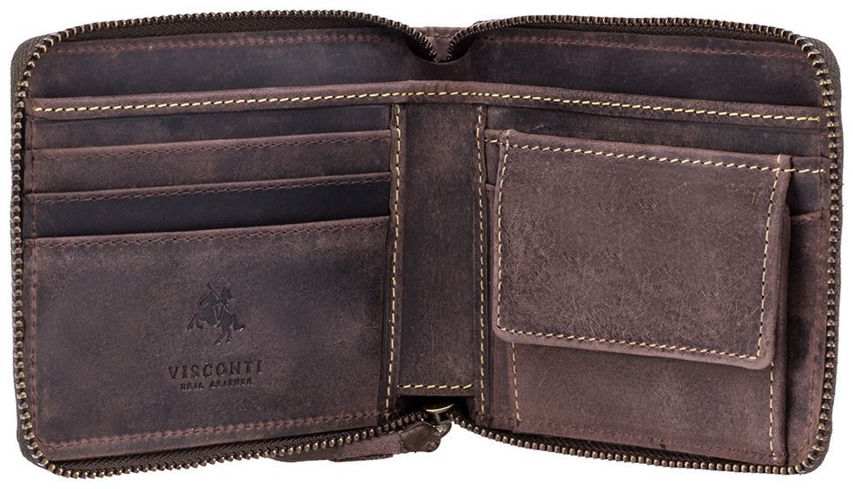 Мужское портмоне из винтажной кожи темно-коричневого цвета на молнии Visconti Bullet 70666