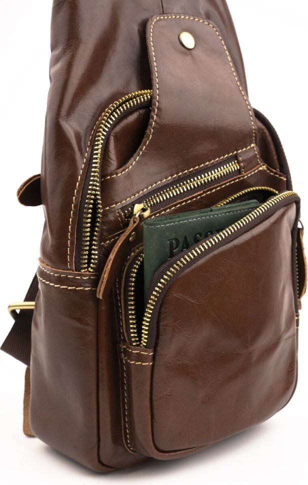 Вертикальна сумка-рюкзак через плече з якісної шкіри коричневого кольору Vintage (14873)