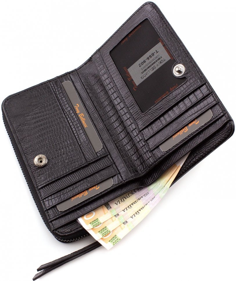 Чорний гаманець з натуральної шкіри з тисненням під змію Tony Bellucci (10580)