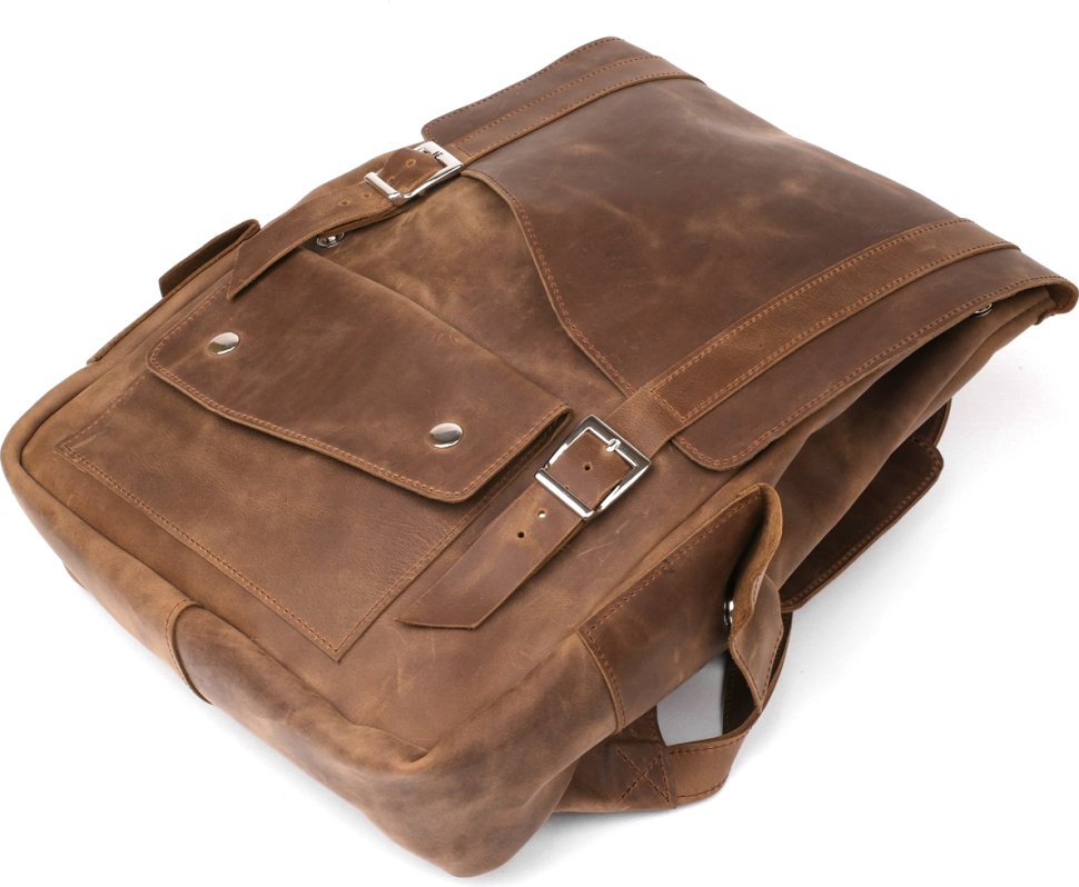 Великий шкіряний рюкзак із вінтажної шкіри коричневого кольору з фіксацією на клапан SHVIGEL (13947)