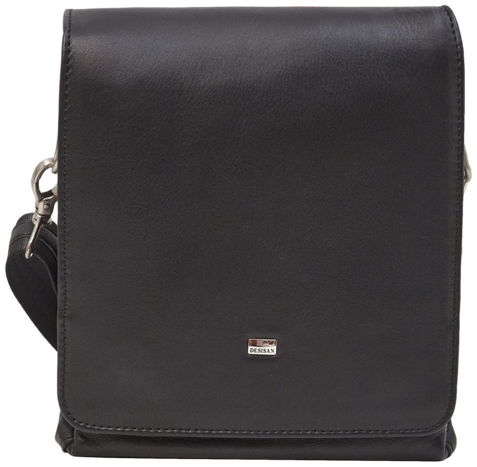 Сумка мужская из натуральной гладкой кожи с клапаном на магнитах DESISAN 107266 черная modnotak фото №1