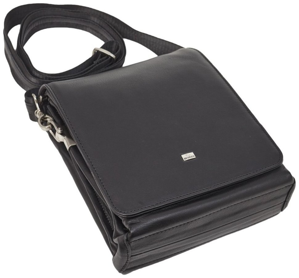Сумка мужская из натуральной гладкой кожи с клапаном на магнитах DESISAN 107266 черная modnotak фото №5
